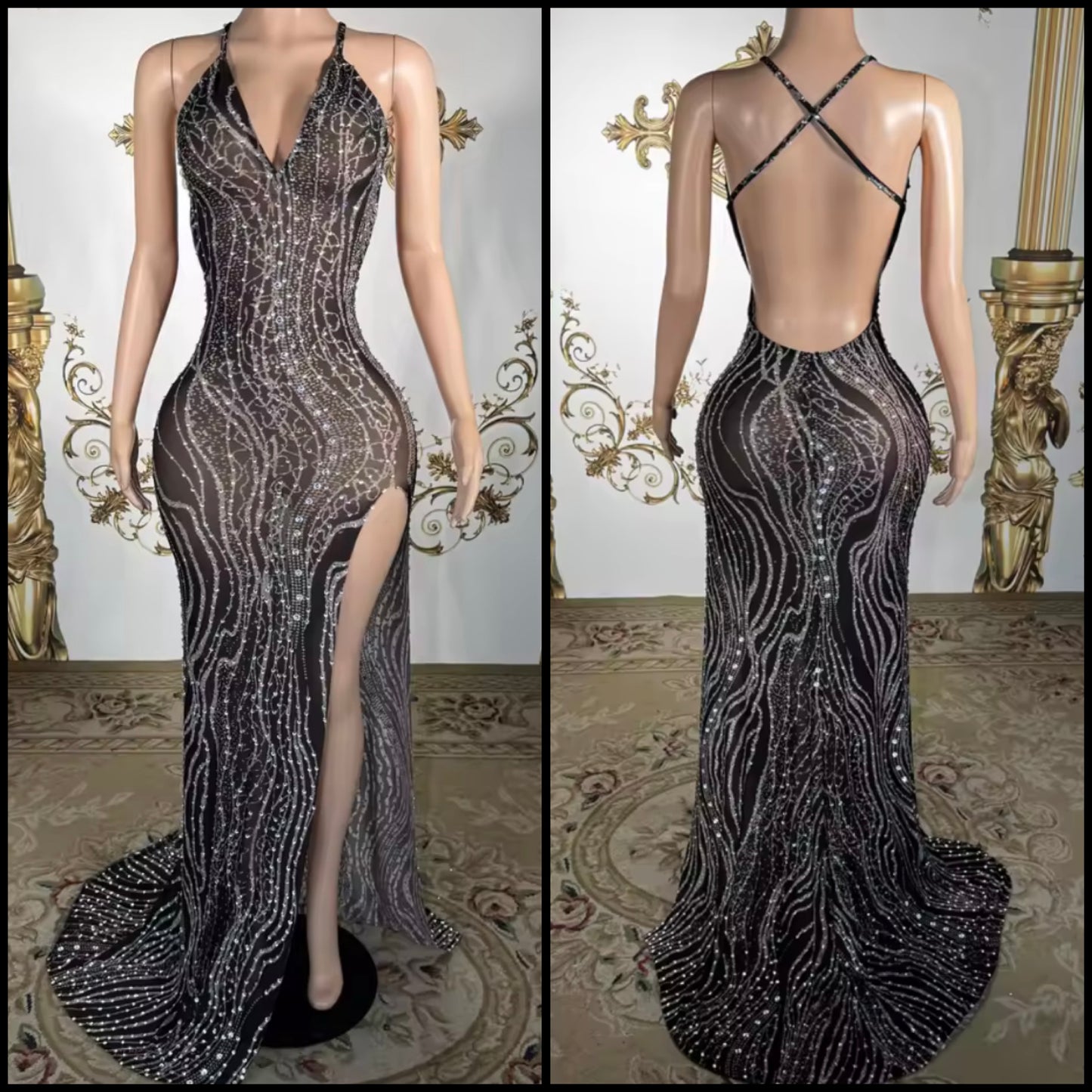 Sexy Black Sleeveless Rhinestone Side Split Maxi Dress