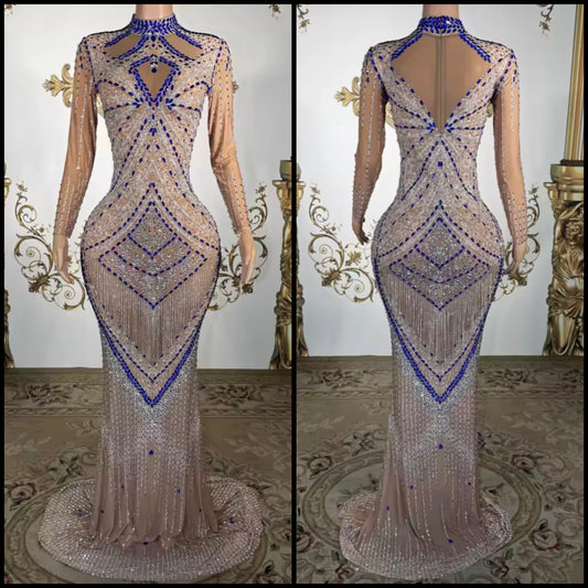 Elegant Full Sleeve Rhinestone Embellishment Floor-Length Dress