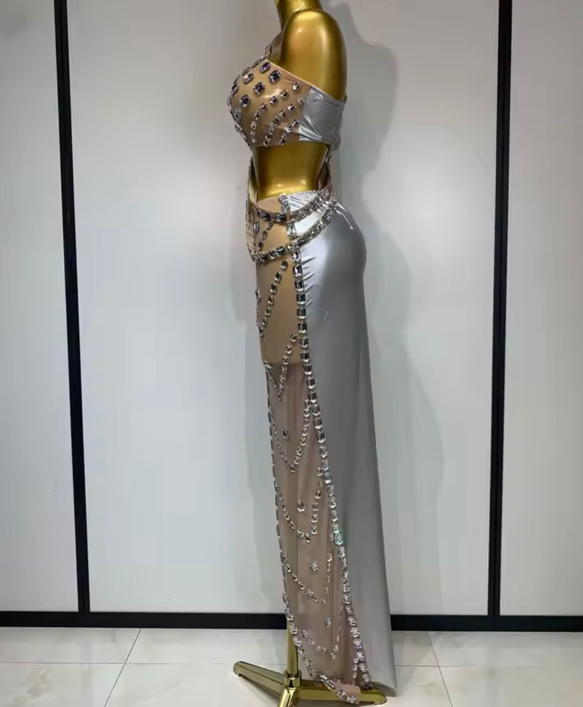 Sexy One Shoulder Sleeveless Crystal Two Piece Maxi Skirt Set