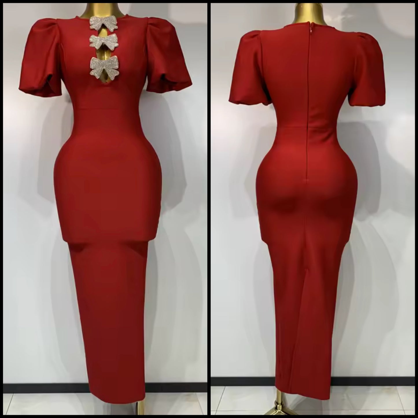 Elegant Red Rhinestone Bow Short Sleeve Maxi Dress
