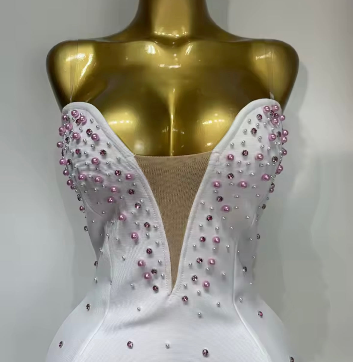 White Sexy Sleeveless Pink Rhinestone Feather Dress