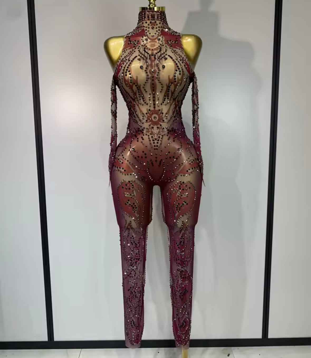 Sexy See Through Rhinestone Full Sleeve Jumpsuit