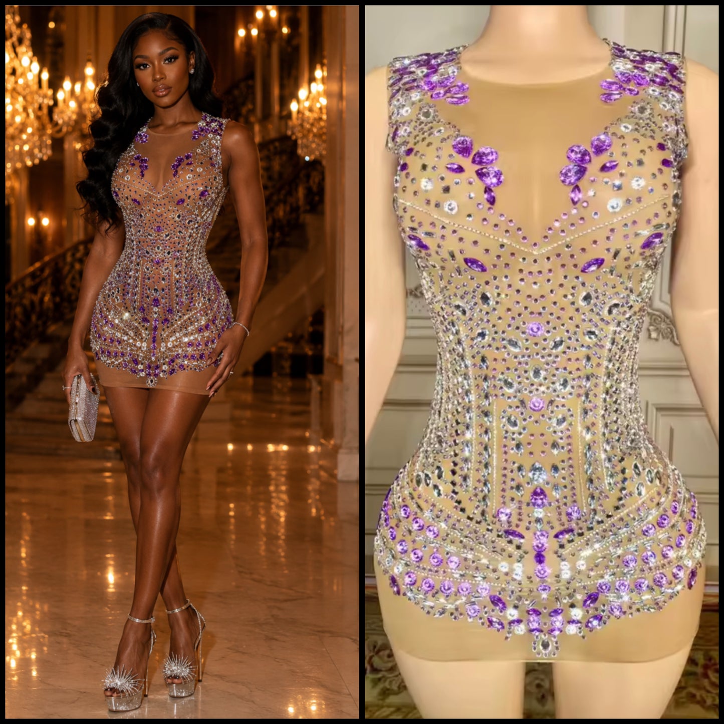 Sexy Sleeveless See Through Rhinestone Mini Dress