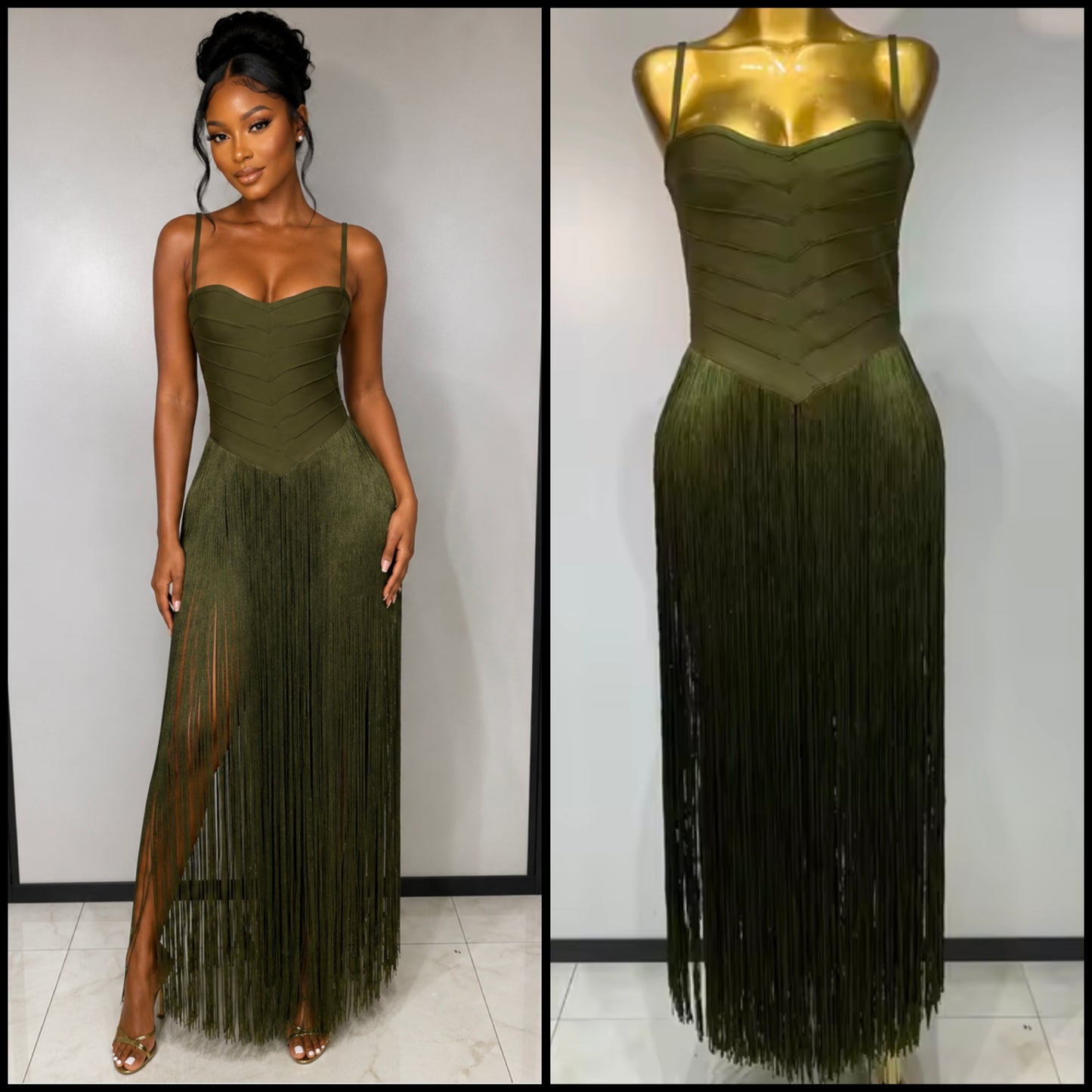 Women Green Sleeveless Fringe Tassel Sexy Maxi Dress