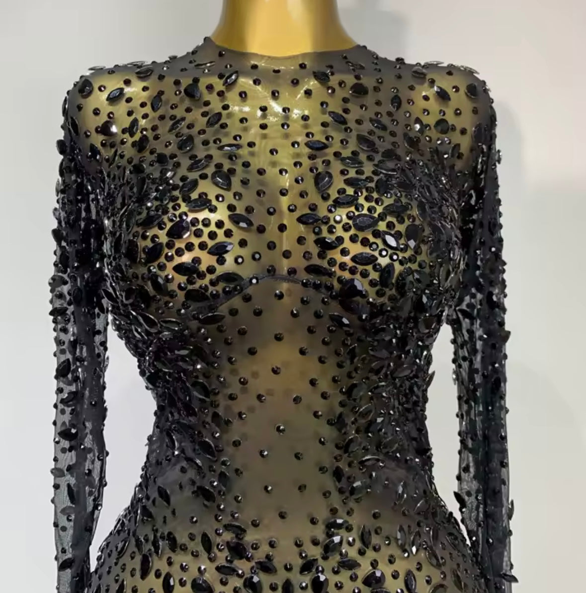 Sexy See Through Rhinestone Full Sleeve Long Dress