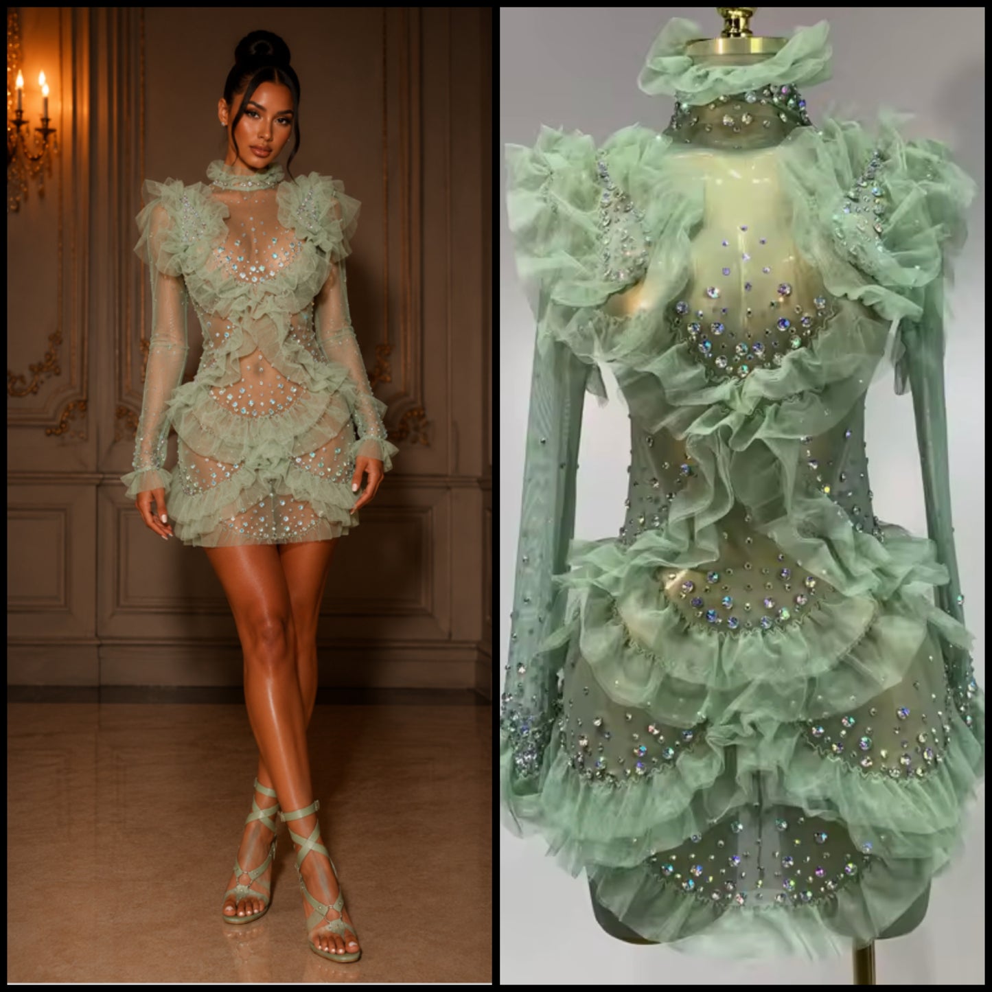 Green Sexy Ruffled See Through Full Sleeve Rhinestone Dress
