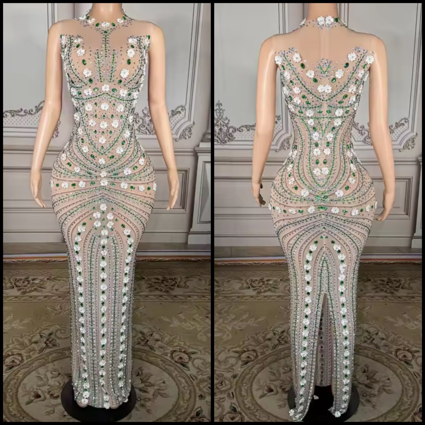 Sexy Sleeveless Floral Rhinestone Embellishment Maxi Dress