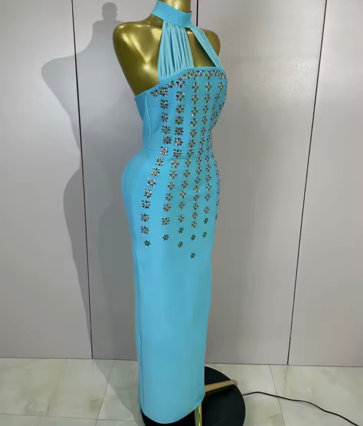 Blue Halter Scarf Sleeves Floral Rhinestone Embellishment Maxi Dress