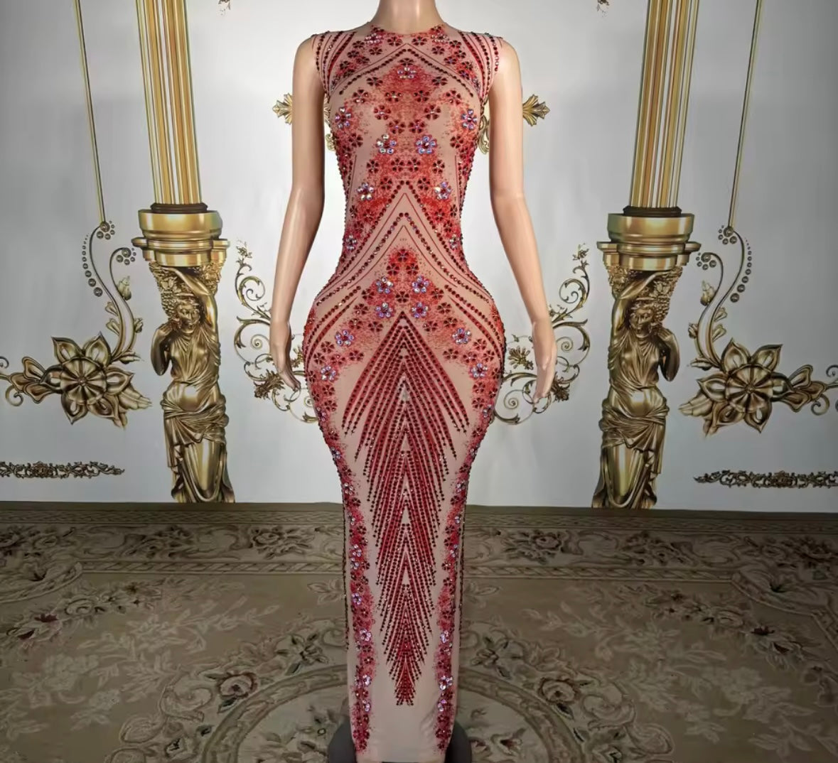 Sexy Sleeveless Floral Rhinestone Embellishment Maxi Dress