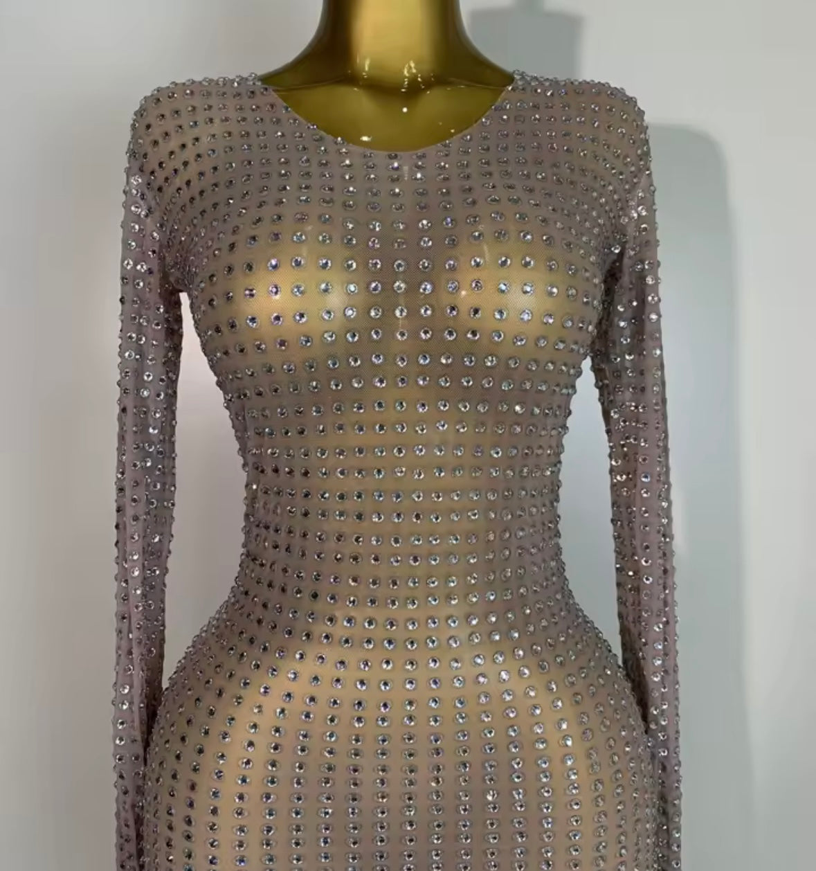 Sexy See Through Full Sleeve Rhinestone Floor-Length Dress