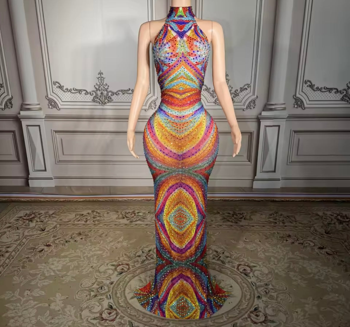 Multicolored Rhinestone Sexy Sleeveless Maxi Dress
