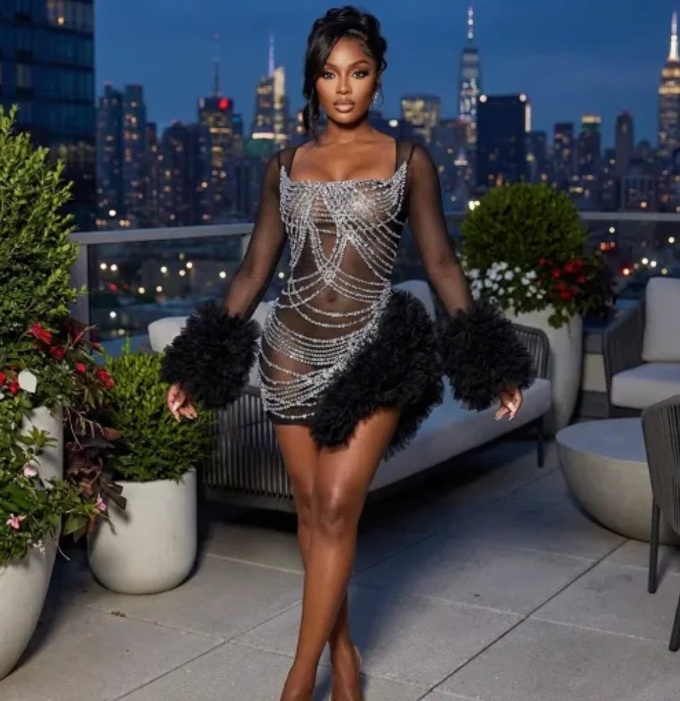 Sexy Black Ruffle Rhinestone Full Sleeve Short Dress