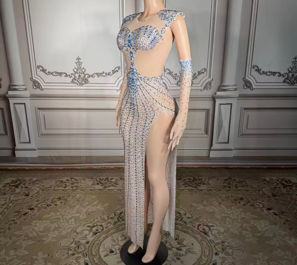 Sexy Color Rhinestone See Through Glove Maxi Dress