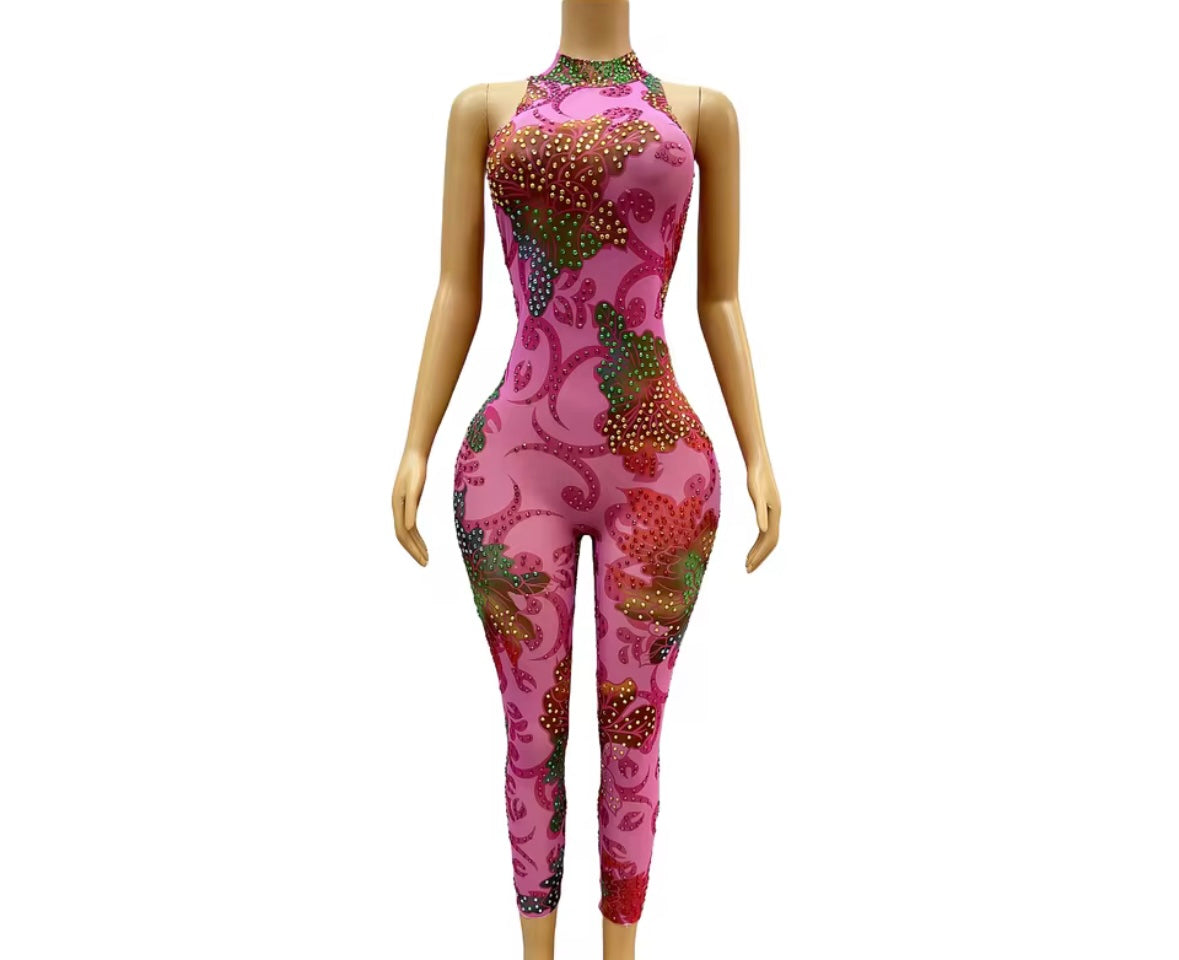 Sexy Sleeveless Floral Rhinestone See Through Jumpsuit