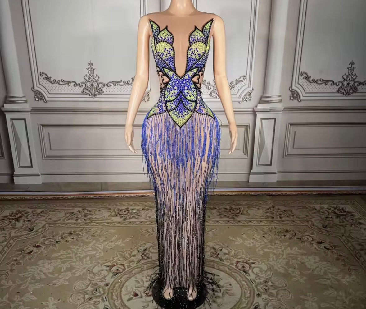 Sexy Sleeveless Rhinestone Tassel See Through Maxi Dress