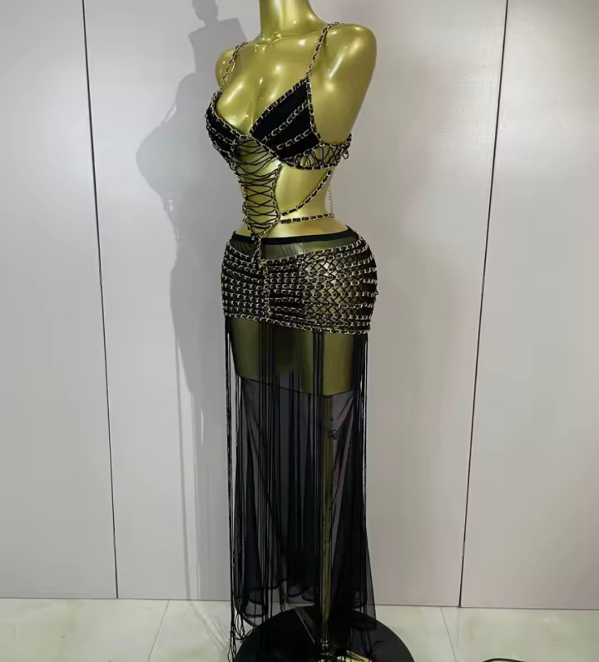 Women Black Sleeveless Chain Open Back Sexy Maxi Dress