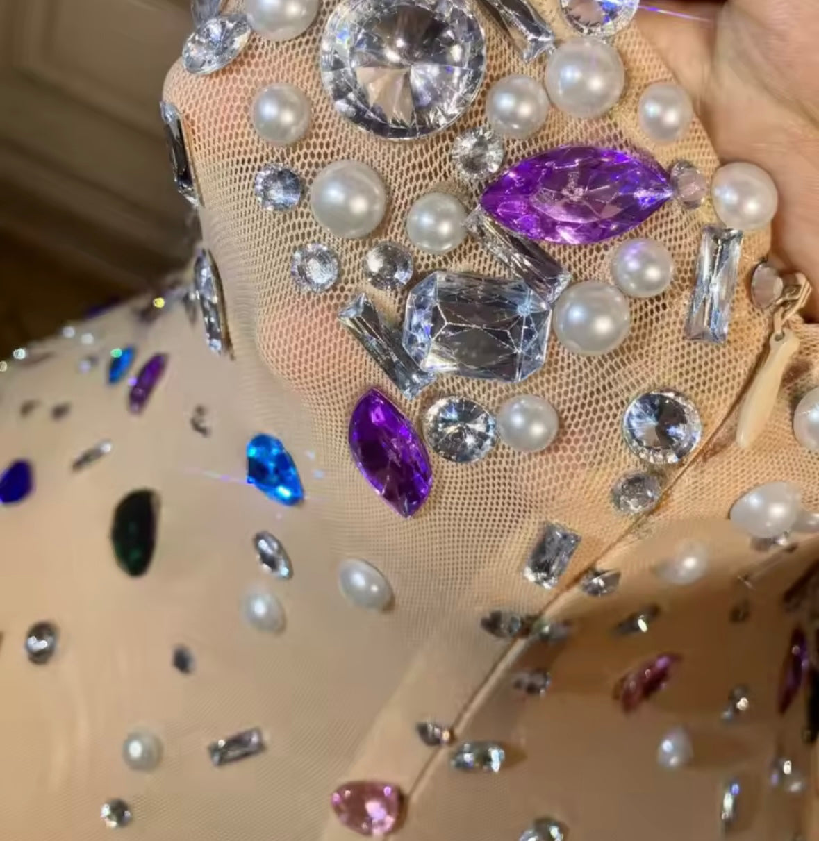 Sexy Halter Sleeveless Open Back Multicolored Rhinestone Dress