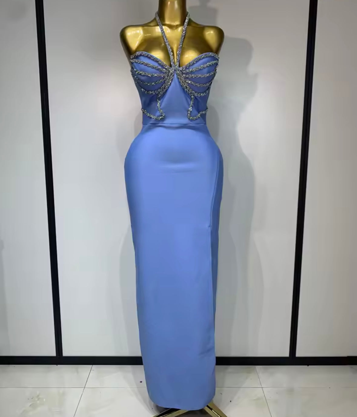 Sexy Blue Rhinestone Halter Bandage Floor-Length Dress