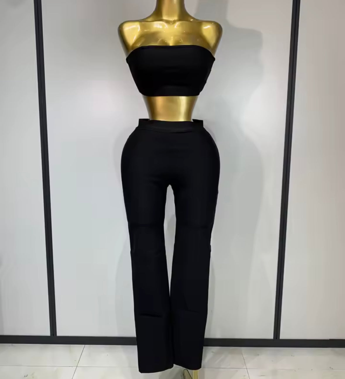 Elegant Black Rhinestone Three Piece Pant Set