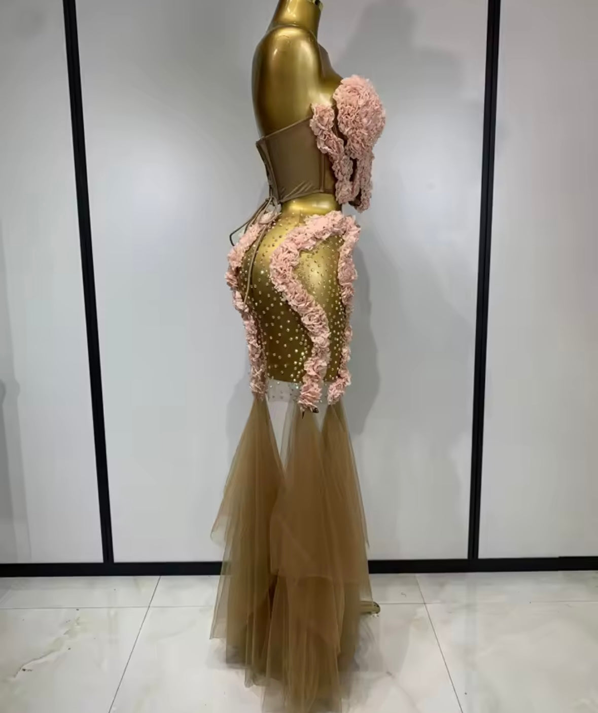 Sexy Strapless Floral Rhinestone Ruffle Floor-Length Dress