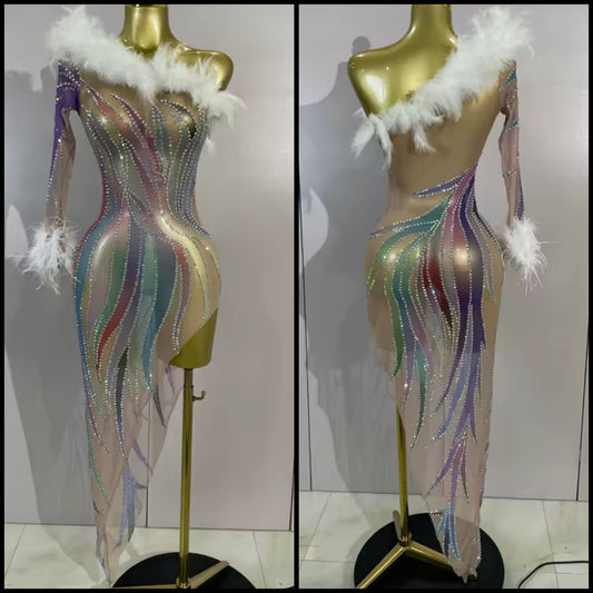 Sexy Feather One Shoulder Multicolored Rhinestone Dress