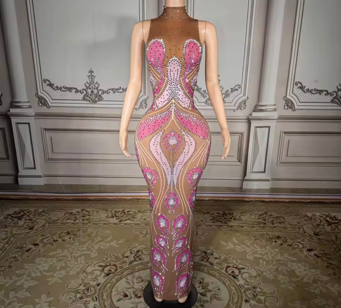 Sexy Sleeveless Color Patchwork Rhinestone See Through Maxi Dress