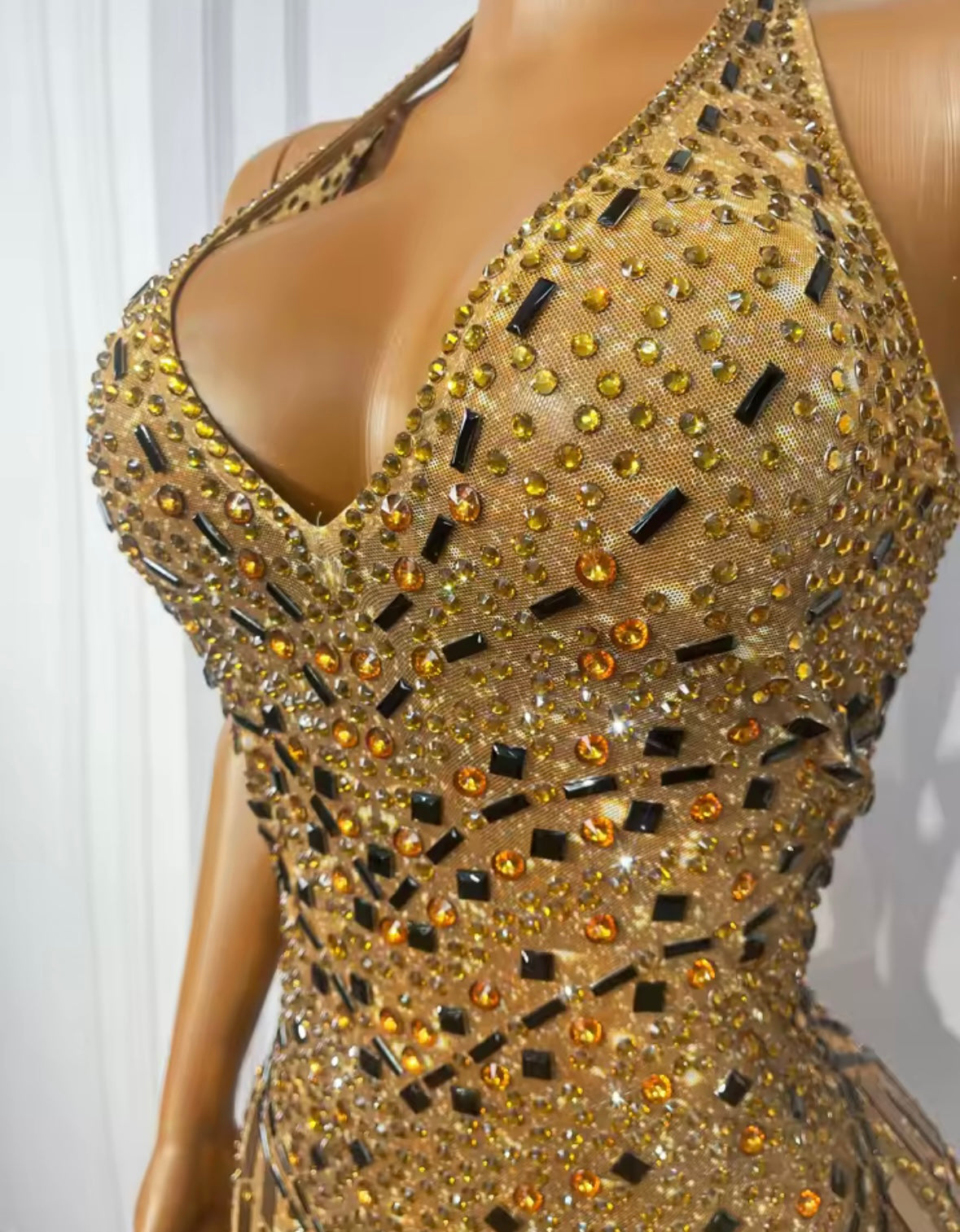 Gold Sexy Halter Sleeveless Rhinestone Floor-Length Dress