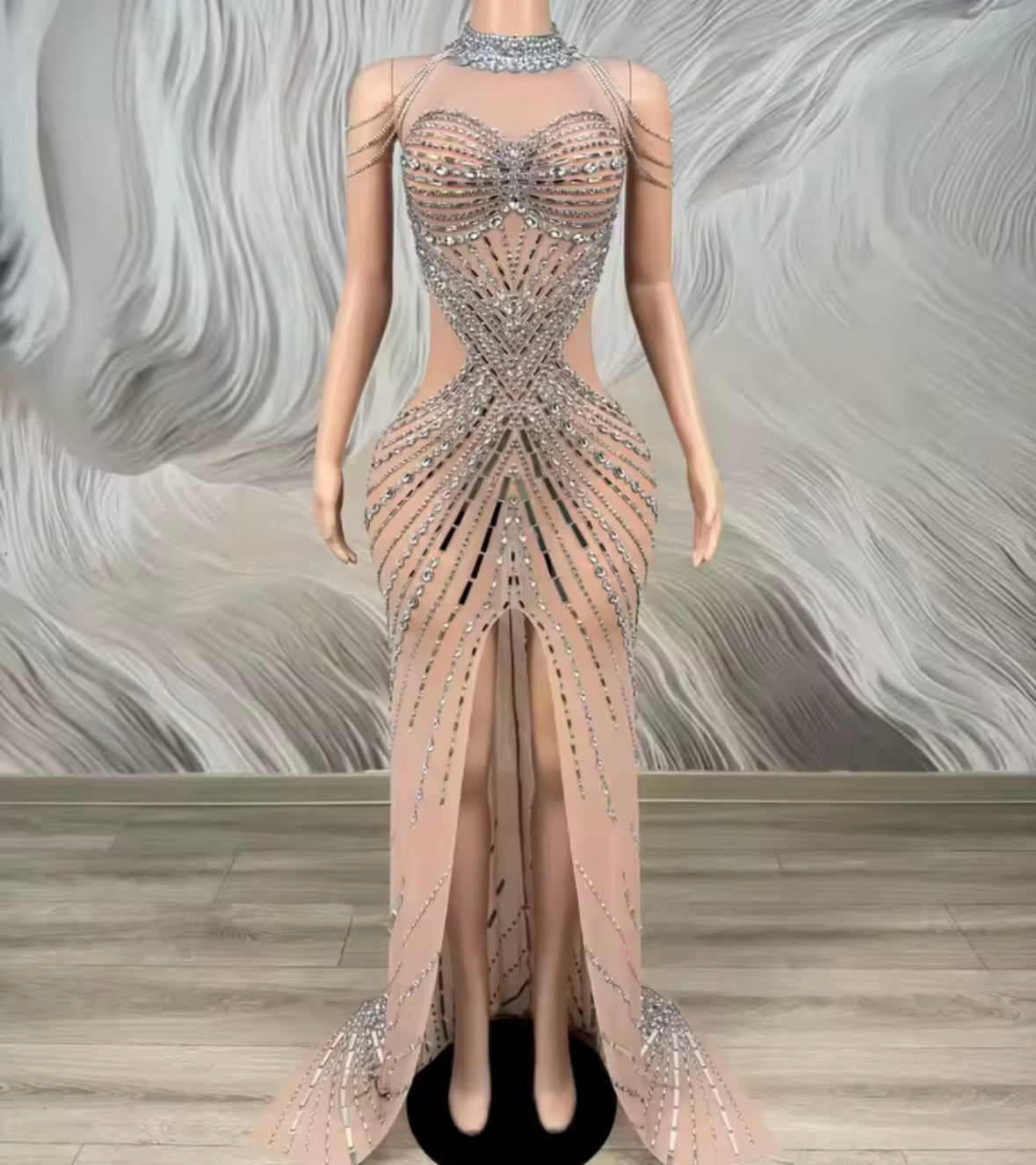 Sexy Sleeveless Chain Rhinestone Front Split Floor-Length Dress