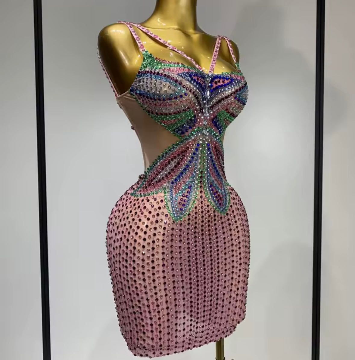 Sexy Sleeveless Multicolored Rhinestone See Through Dress