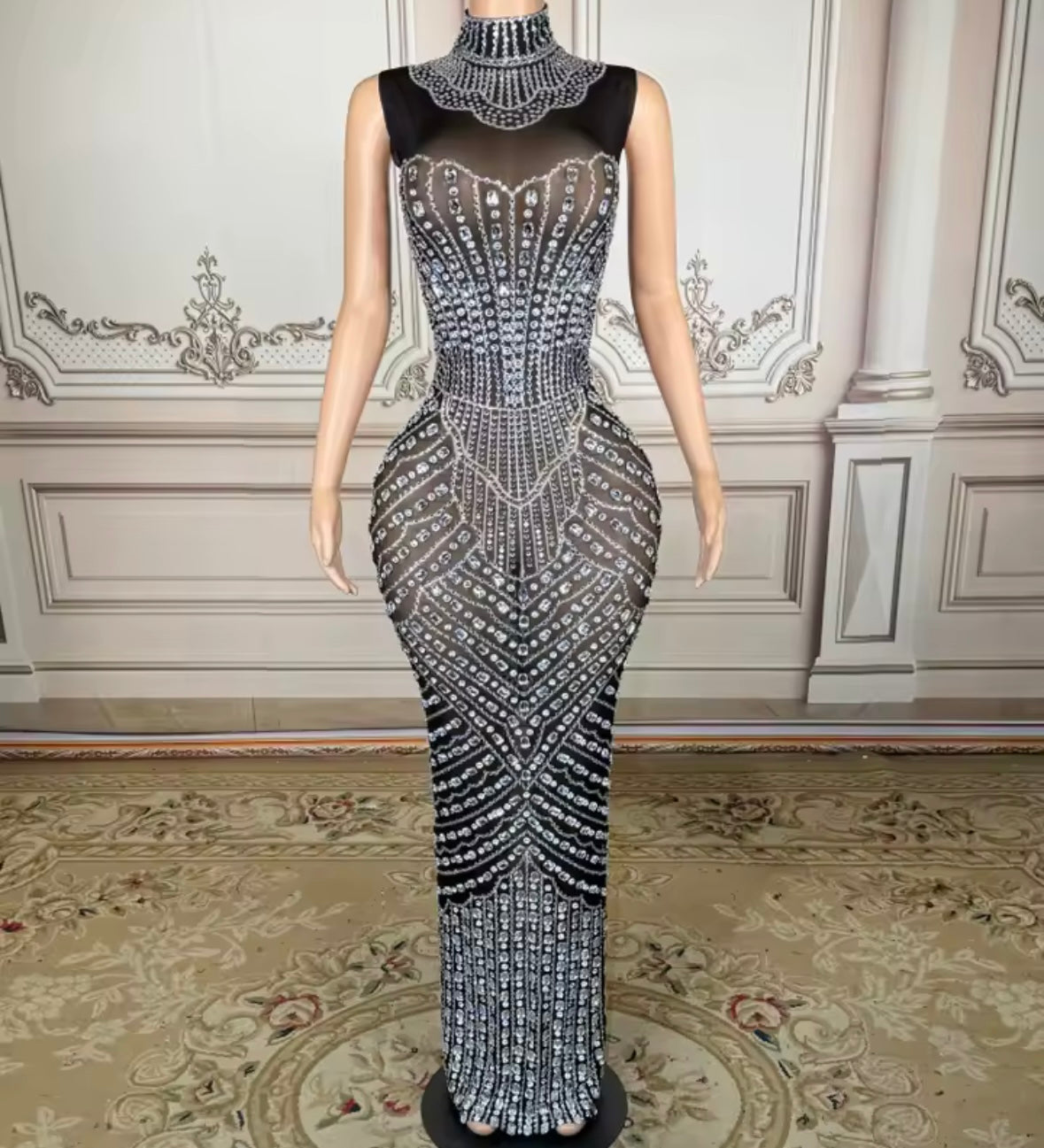Sexy Sleeveless Black Rhinestone Embellishment Maxi Dress
