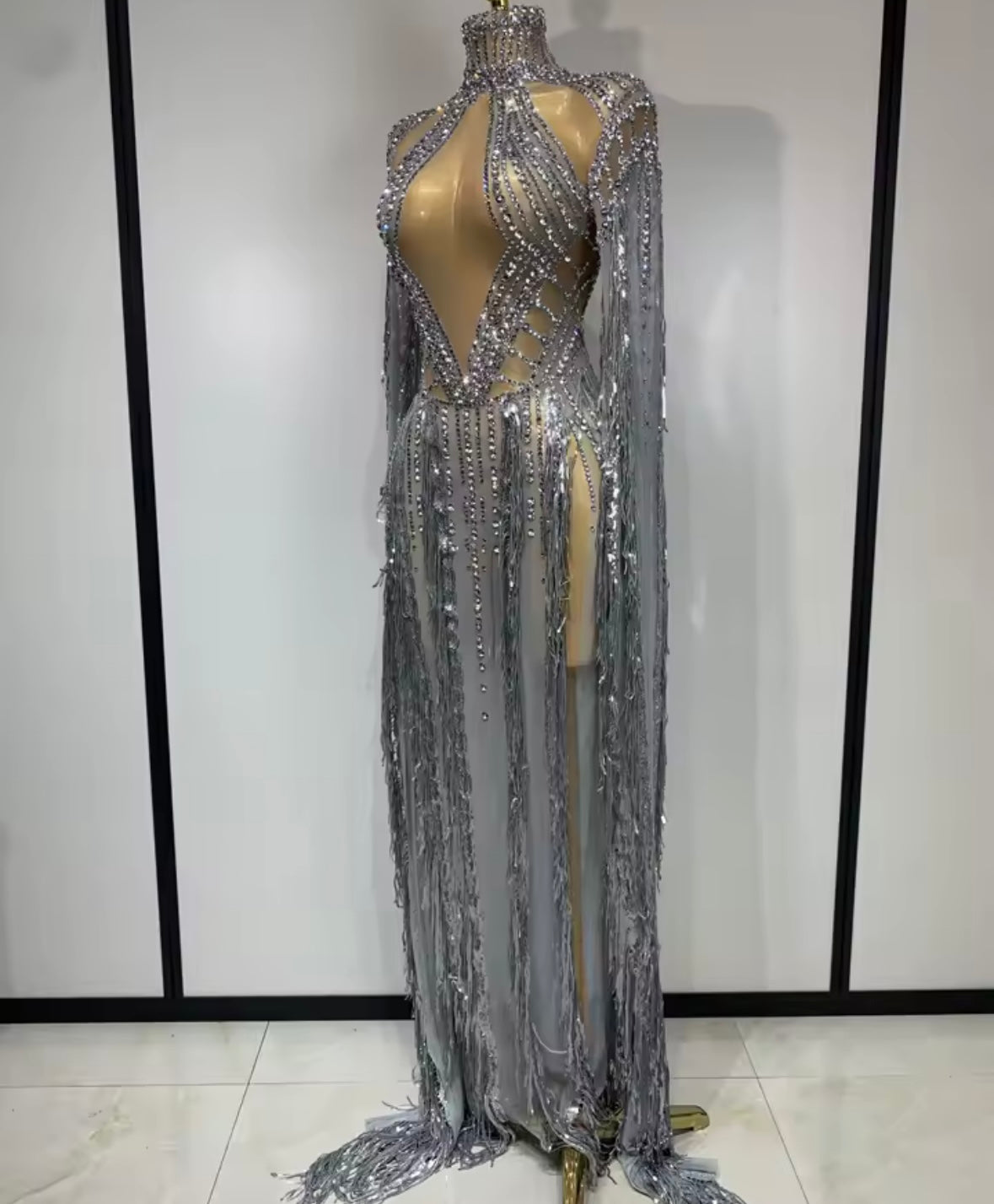 Silver Sexy Sequins Rhinestone Tassel See Through Maxi Dress