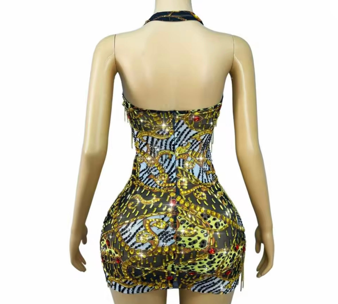 Sexy Halter Sleeveless Printed Tassel See Through Dress