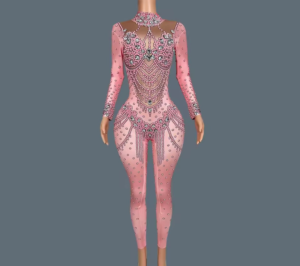 Elegant Beaded Rhinestone Full Sleeve Jumpsuit