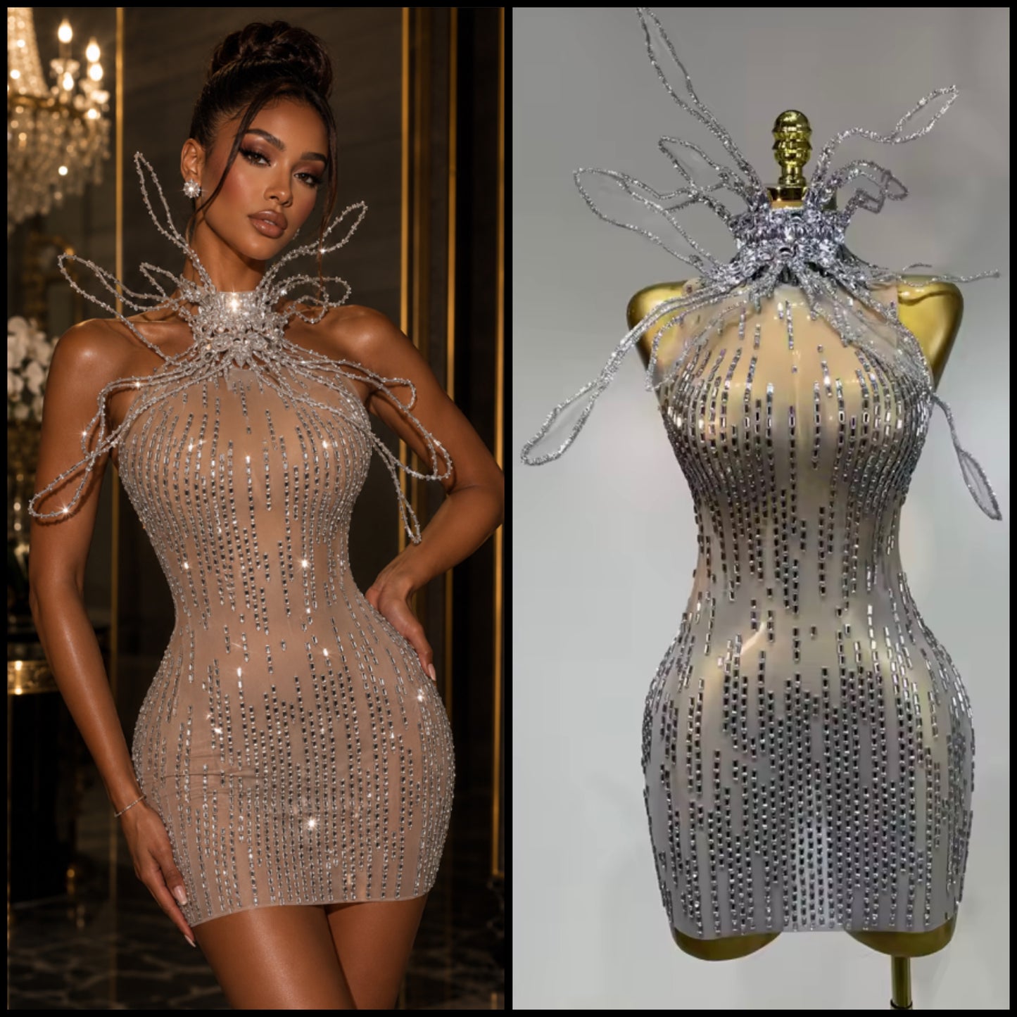 Sexy Sparkly Crystal Sleeveless See Through Dress
