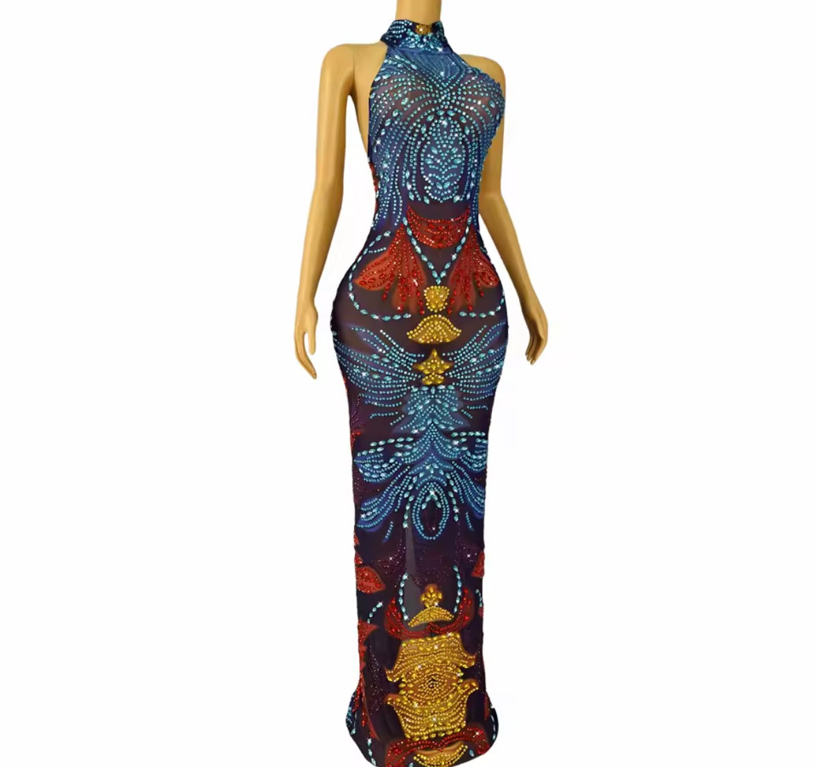 Sexy Halter Sleeveless Colorful Rhinestone Maxi Dress