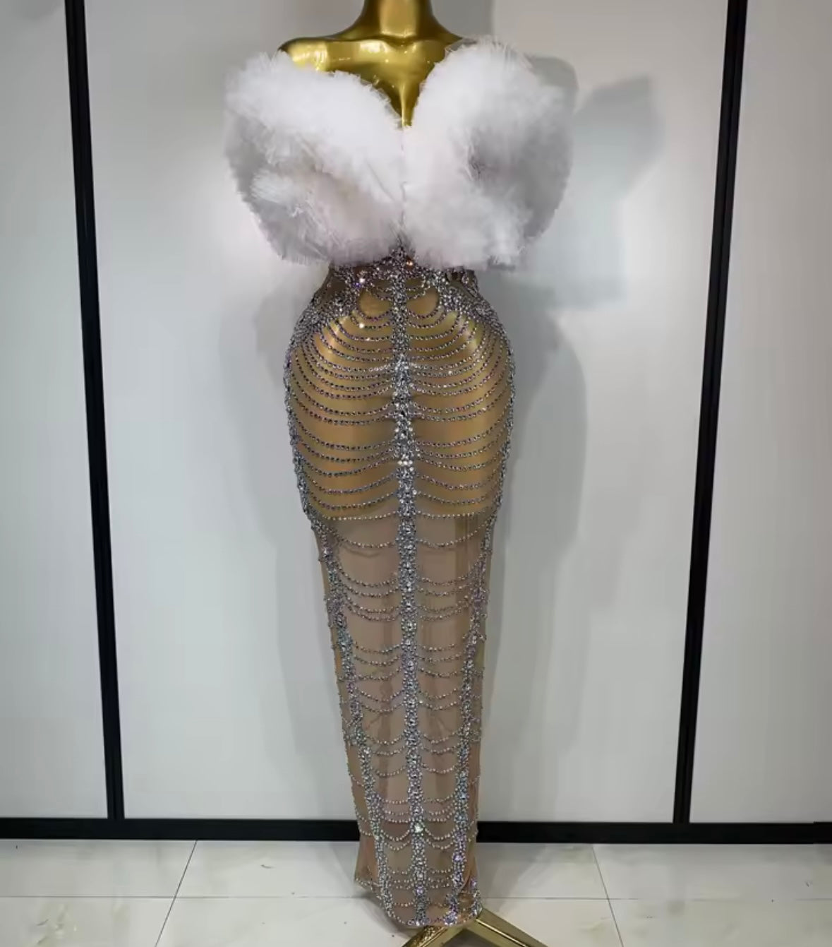 Sexy Ruffled Strapless Rhinestone Floor-Length Dress