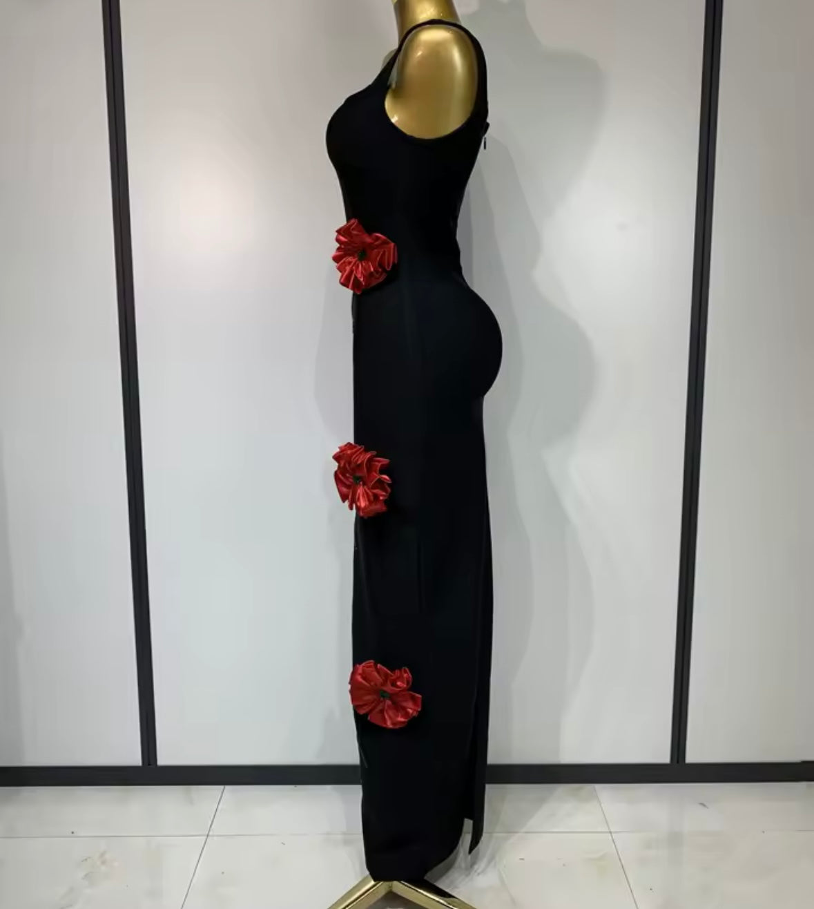 Black Sexy Sleeveless 3D Floral Rhinestone Maxi Dress