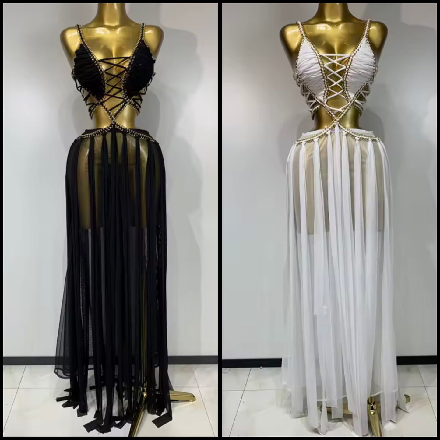 Sexy Sleeveless Chain Lace Up See Through Maxi Dress