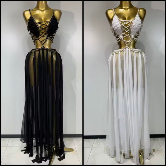 Sexy Sleeveless Chain Lace Up See Through Maxi Dress