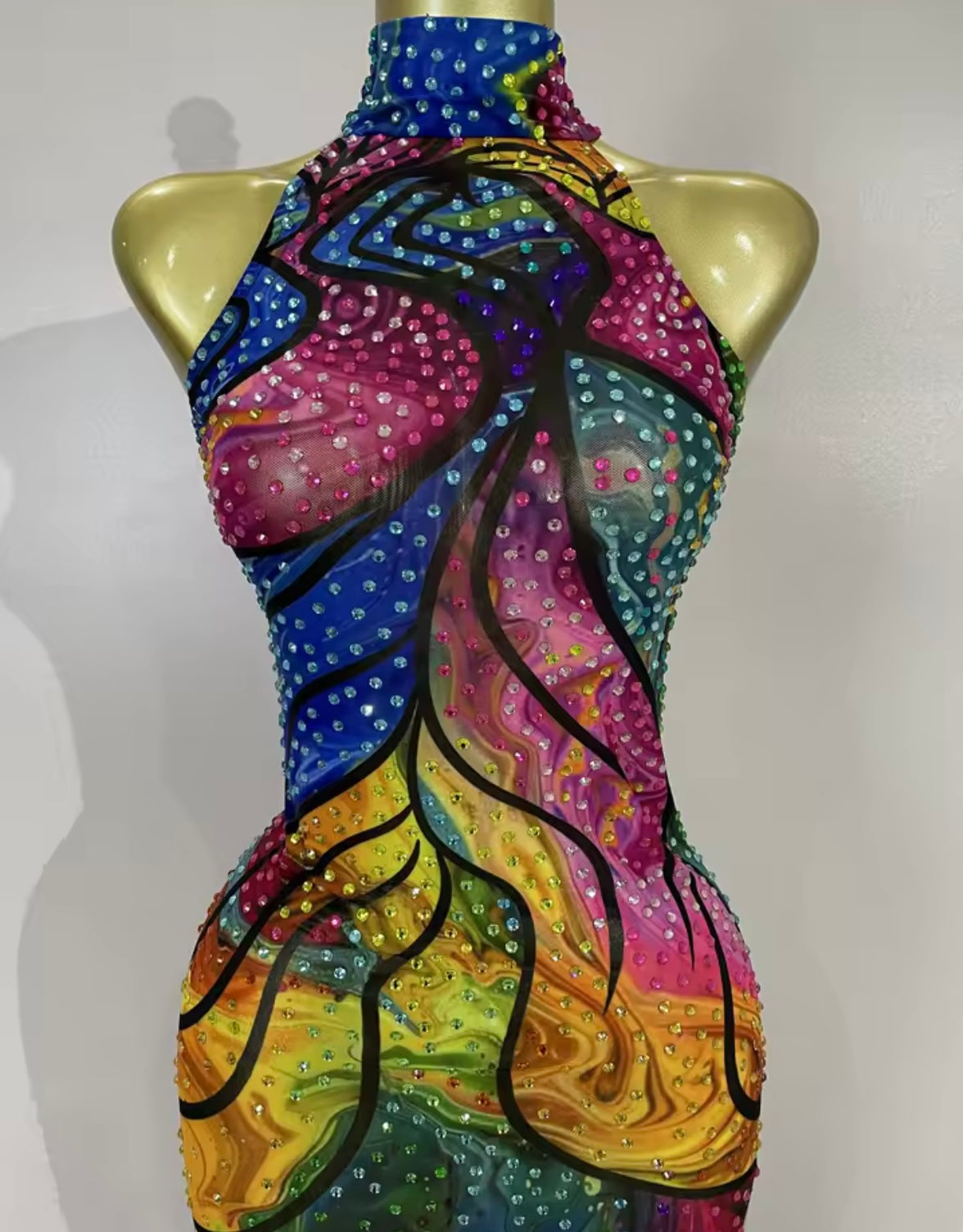 Sleeveless Multicolored Sexy Rhinestone Side Split Maxi Dress