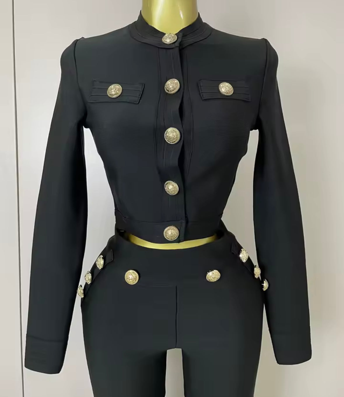 Black Fashion Gold Button Full Sleeve Crop Pant Set