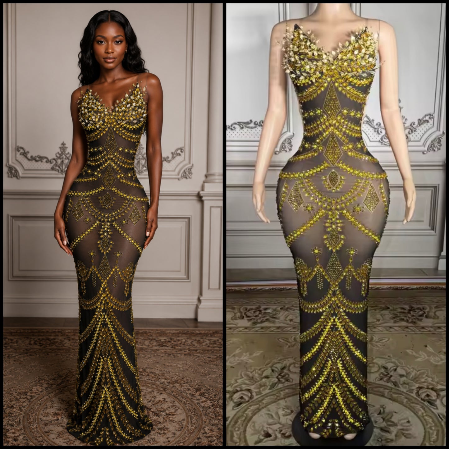Black Sexy Sleeveless Gold Rhinestone Maxi Dress