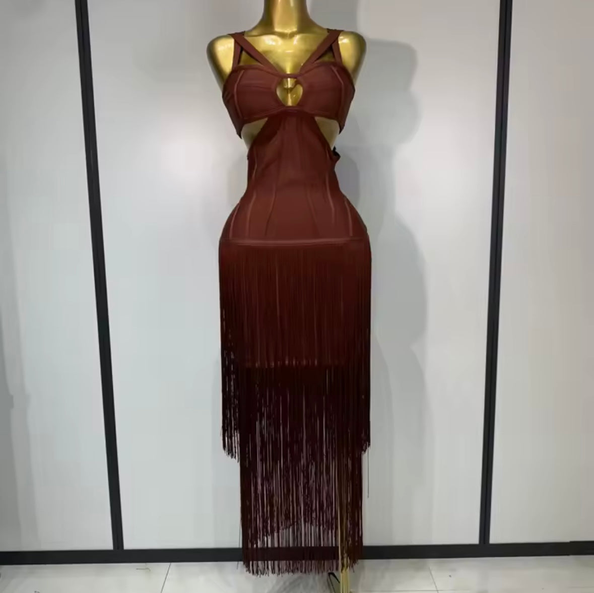 Maroon Sleeveless Sexy Tassel Bandage Long Dress