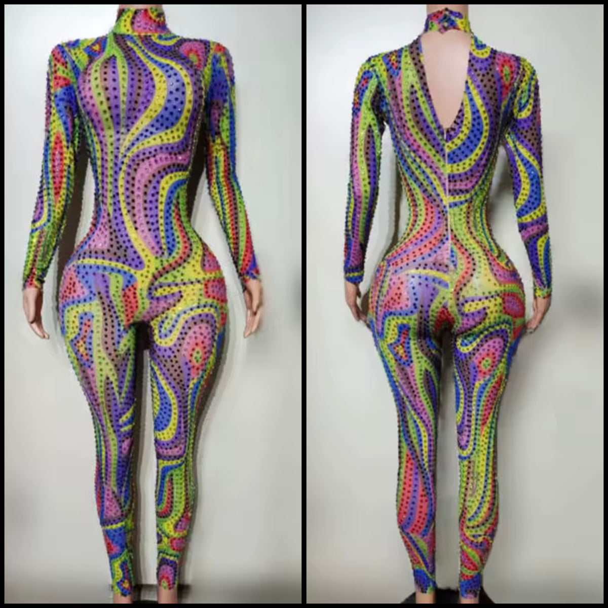 Sexy Multicolored Rhinestone Full Sleeve Jumpsuit