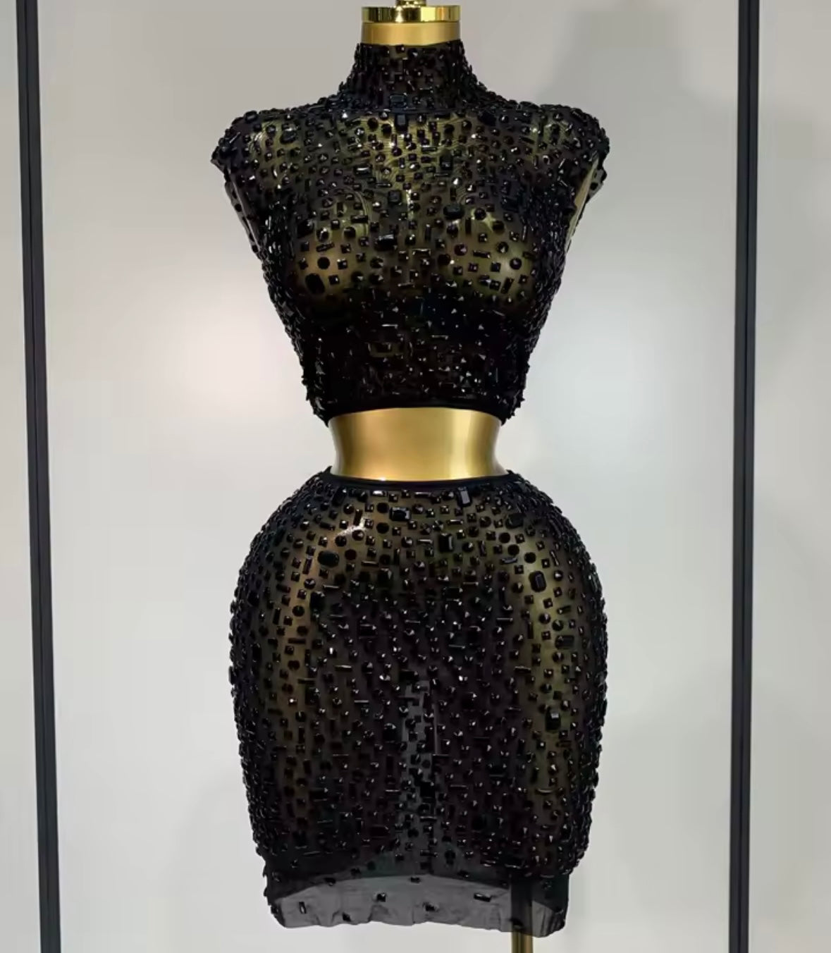 Sexy Crystal Sleeveless Mesh Two Piece Skirt Set