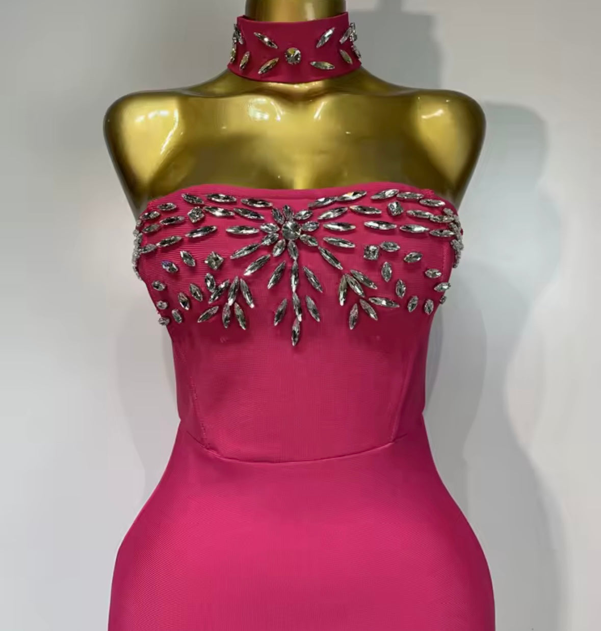 Pink Choker Strapless Sexy Rhinestone Maxi Dress