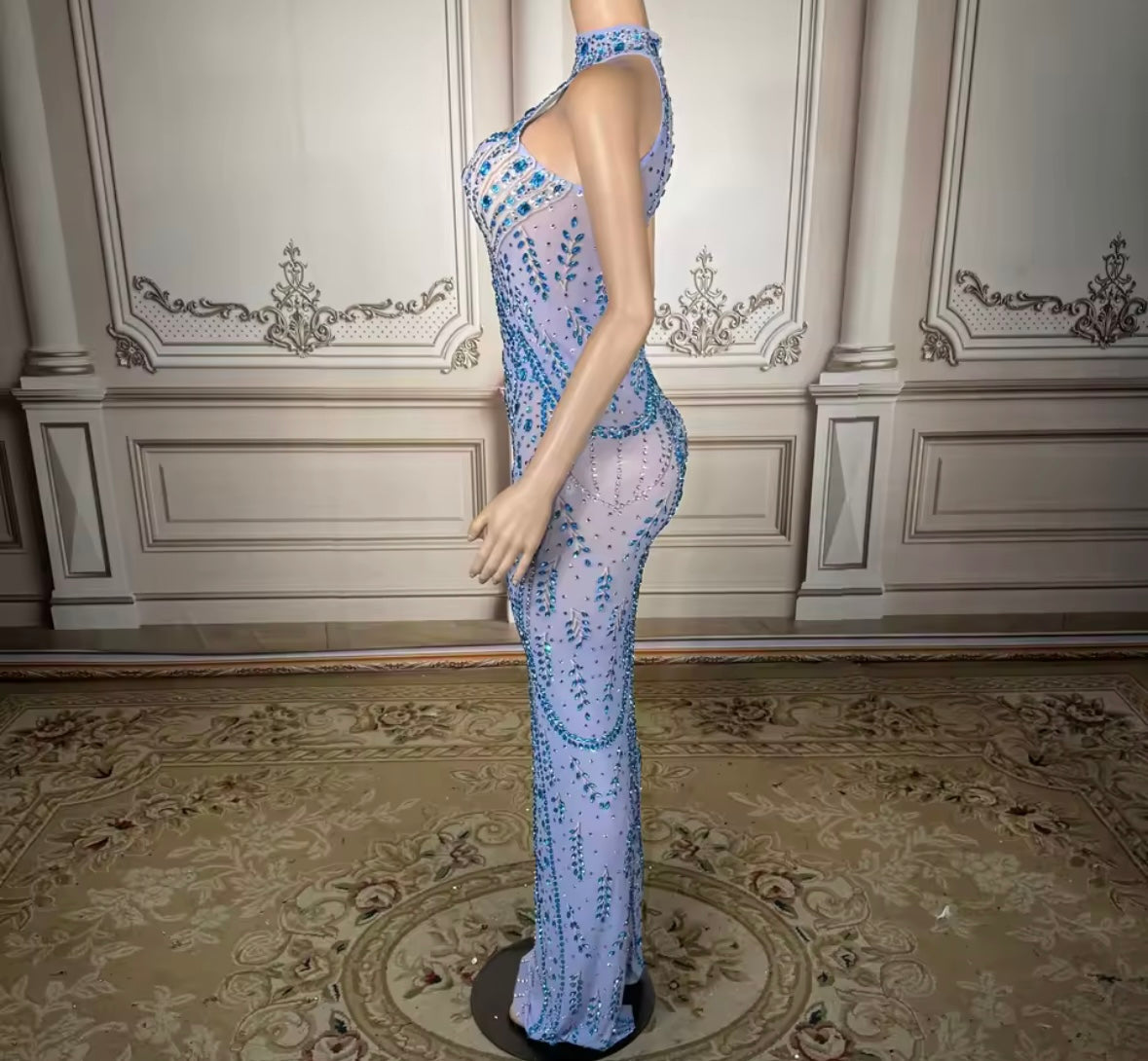 Sexy Blue Sleeveless Rhinestone Embellishment Maxi Dress