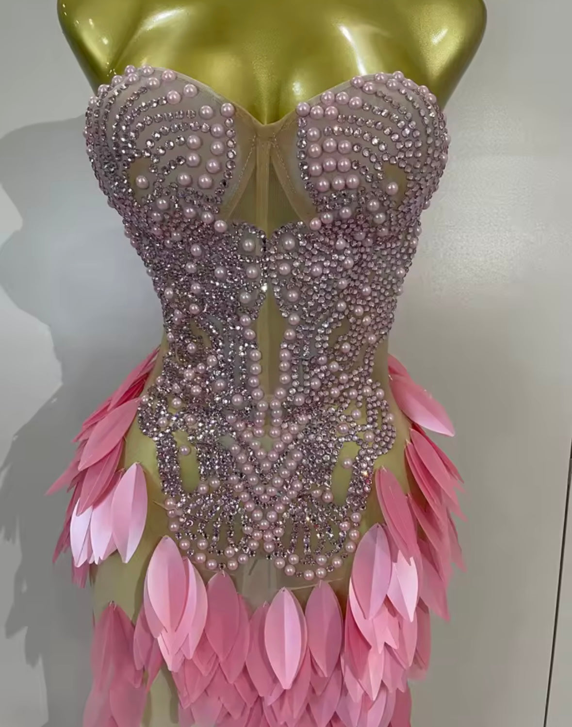 Sexy Sequins Pearl Rhinestone Strapless Side Split Maxi Dress