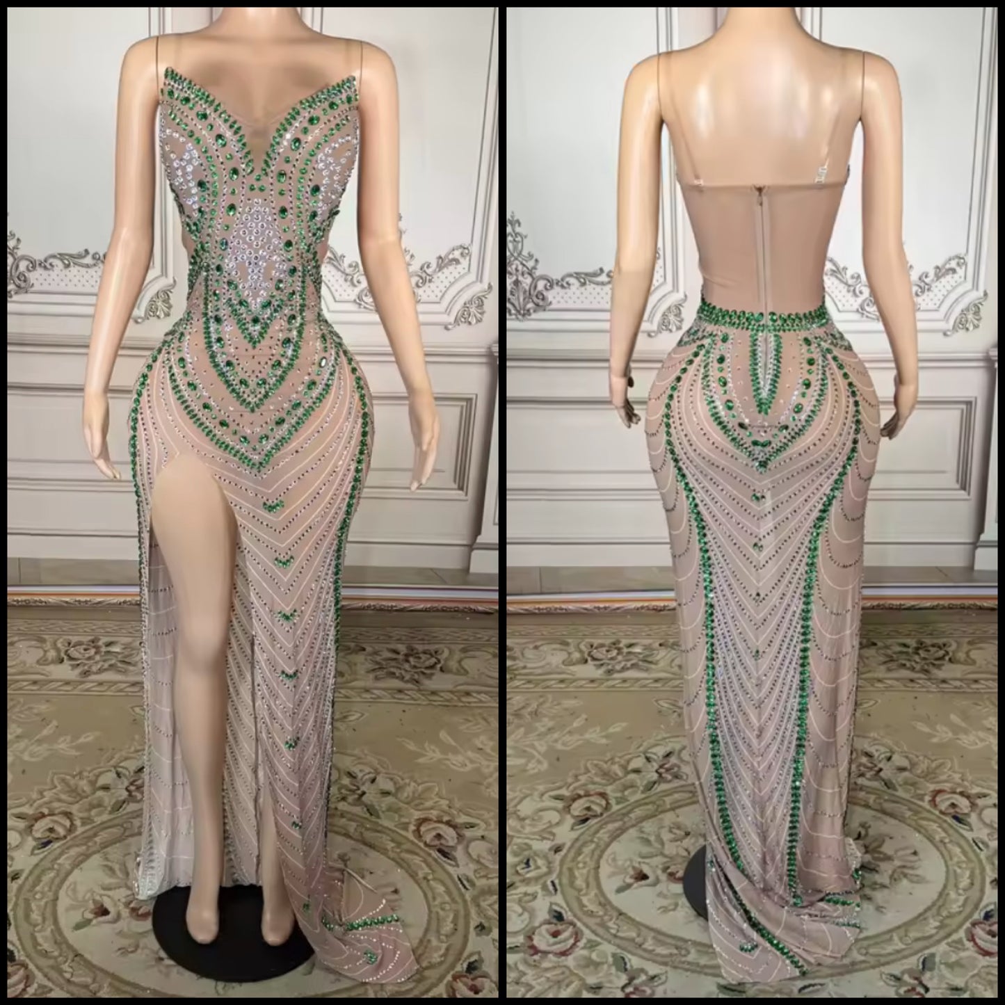 Sexy Sleeveless Rhinestone See Through Front Split Maxi Dress