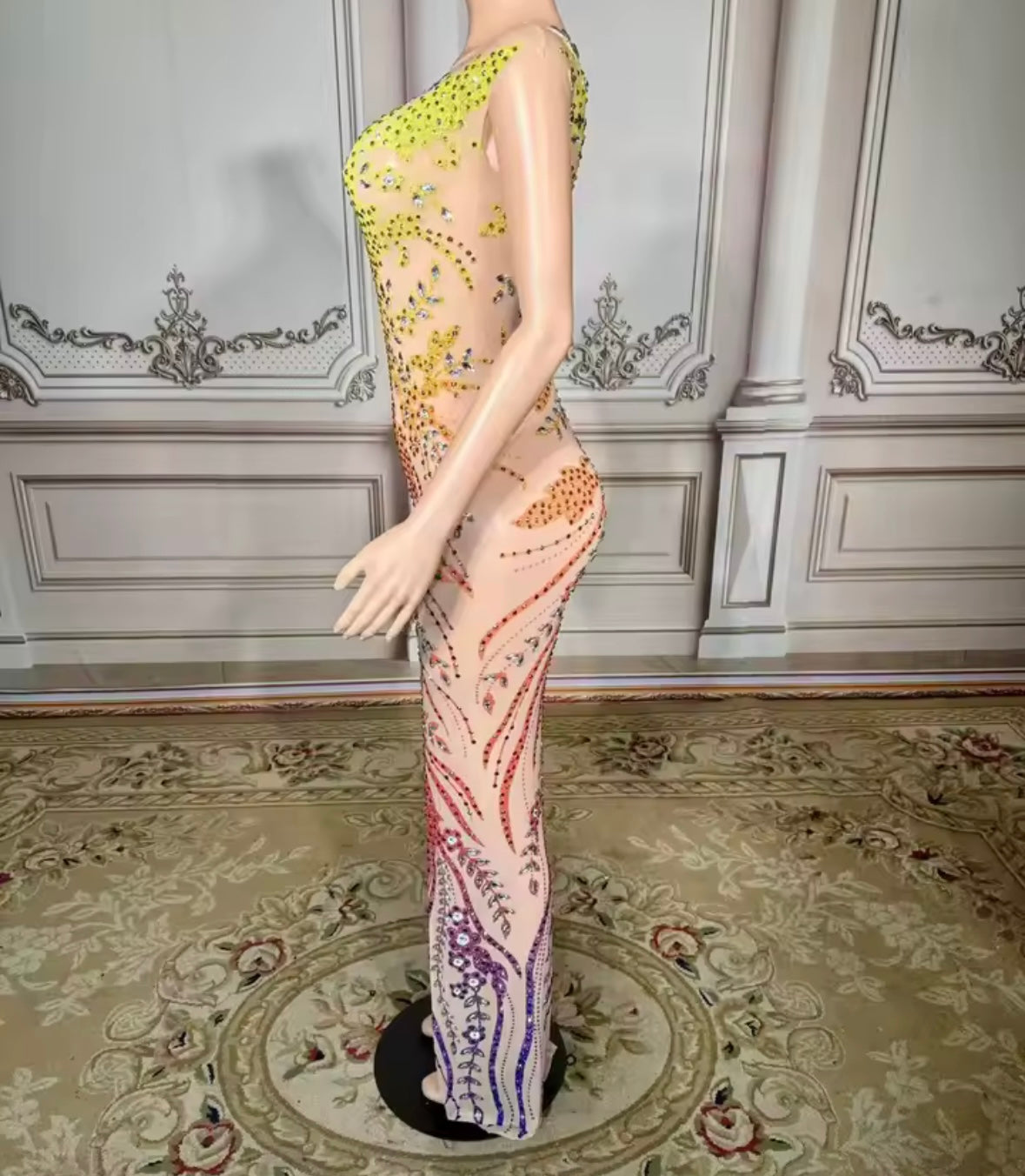 Sexy Sleeveless Multicolored Rhinestone Maxi Dress